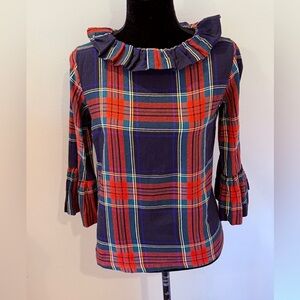 Women’s ELIZABETH WILSON red plaid ruffle zip up blouse- Size Small